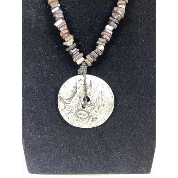 Chico’s Stone Beaded Medallion Necklace Brown Tan Silver - Picture 7 of 8